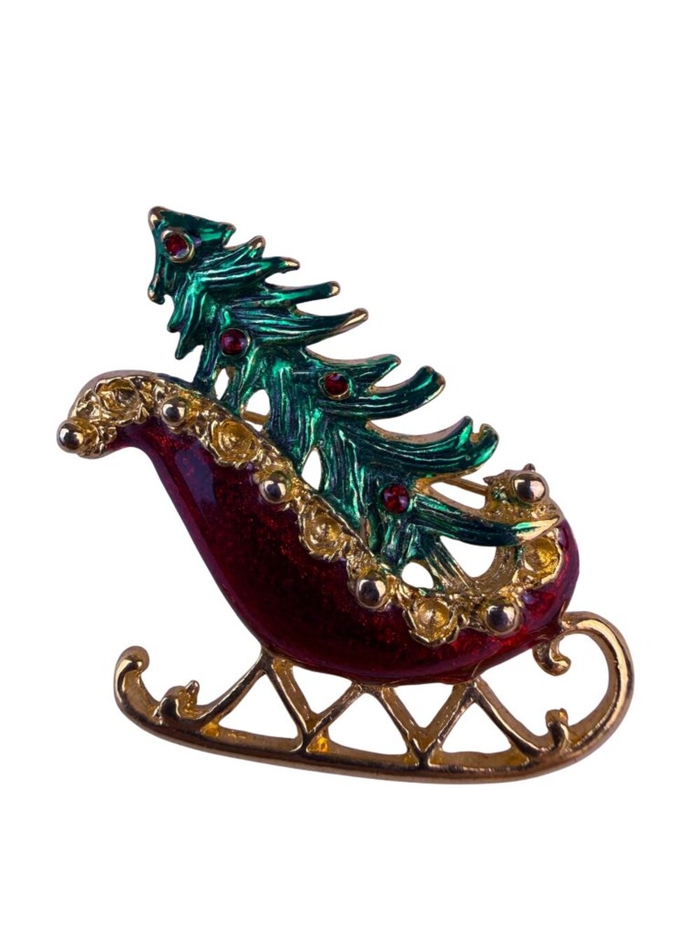 Vintage Brooch Gold Tone Multi-Color Enamel Metal Christmas Sleigh With Tree